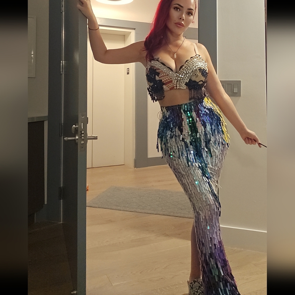 Custom irridescent skirt with sequin aplique